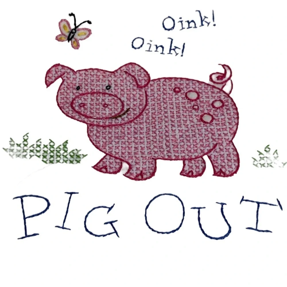 Oink Oink PIG OUT Handcrafted Cross Stitch Pink Pig’s Expression Above White Bib